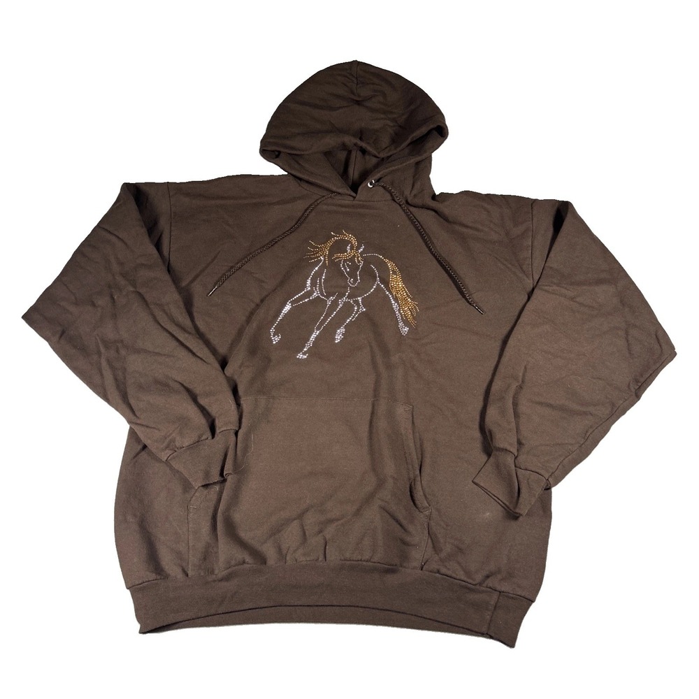 Port & Company Core Fleece Hoodie Brown Gem Horse Graphic Pullover Mens Large